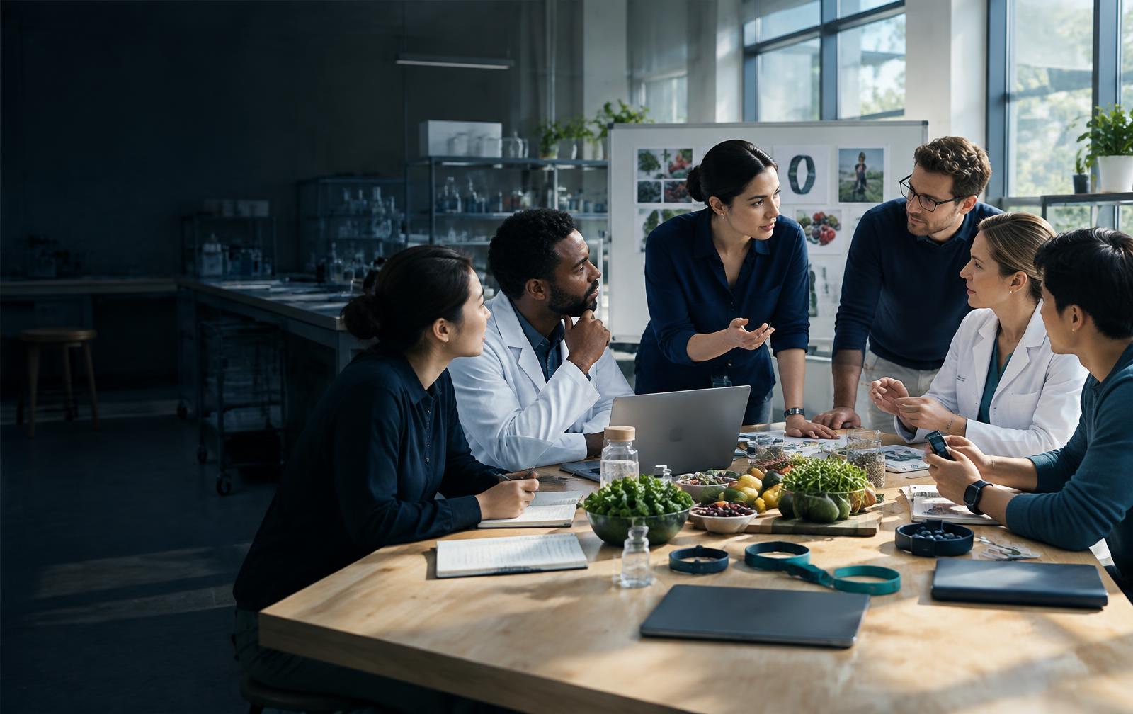Health and nutrition innovators collaborating in a laboratory